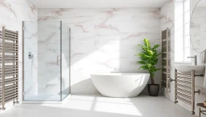 Erleben Sie sonni sanitär GmbH mit eleganten Dusche und Heizkörper für modernes Badezimmer.