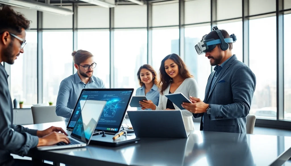 Engaged team in a modern office utilizing technology for collaboration and innovation.