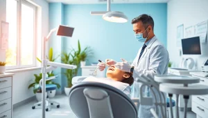 Dentist examining a patient's teeth in a modern clinic with bright lighting and serene atmosphere.