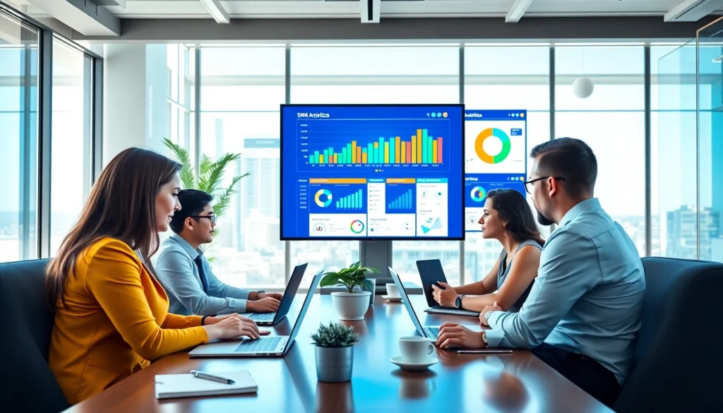 Engaged team analyzing performance metrics for smm services in a modern office environment.