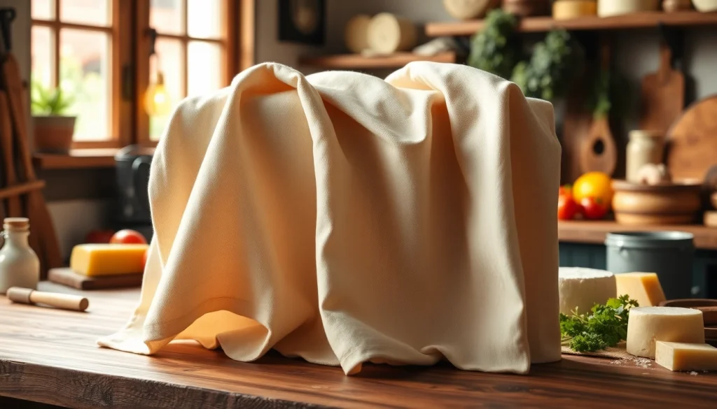 Kook met een kaasdoek over een houten aanrecht, benadrukt vakmanschap en textuur.