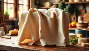 Kook met een kaasdoek over een houten aanrecht, benadrukt vakmanschap en textuur.