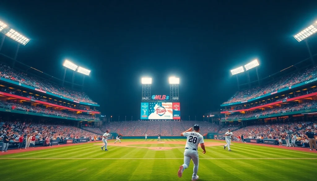 mlb중계를 즐기는 팬들과 선수들의 역동적인 모습이 담긴 야구장 이미지