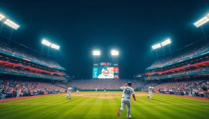 mlb중계를 즐기는 팬들과 선수들의 역동적인 모습이 담긴 야구장 이미지