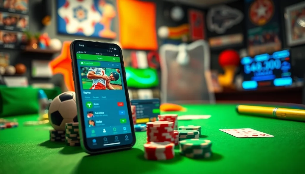 Engaging scene of online sportsbooks India on a smartphone amidst betting elements.