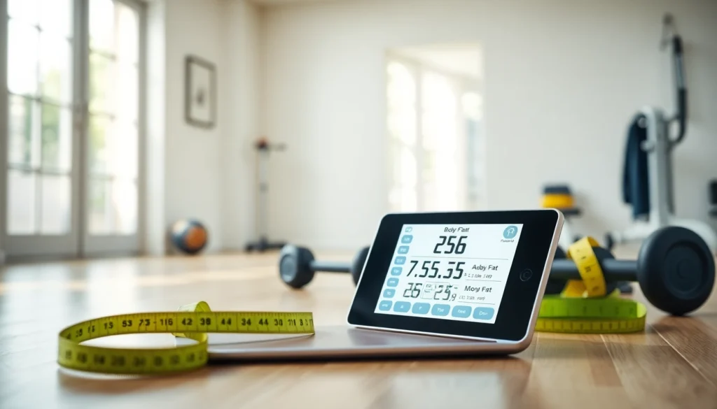 Engage with the body fat percentage calculator while measuring health metrics in a bright home gym.