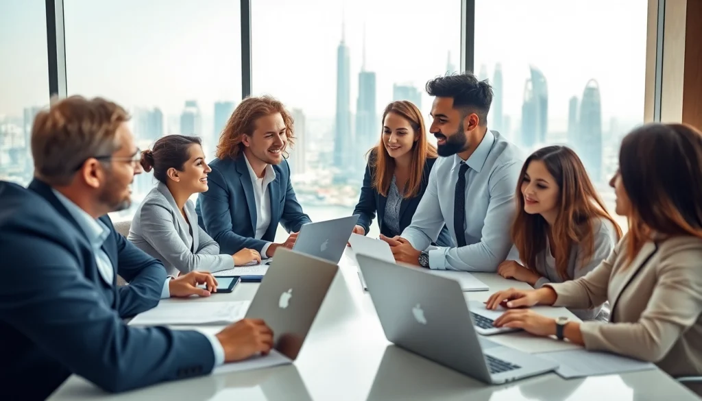 Dynamic business consultants in Dubai discussing strategies in a professional office setting.