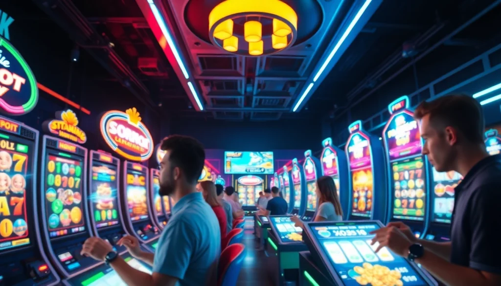 Situs kode4d dynamic gaming scene showcasing slot machines and excited players