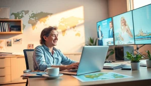 Advanced travel review scene showcasing a traveler engaging with booking services in a bright office.