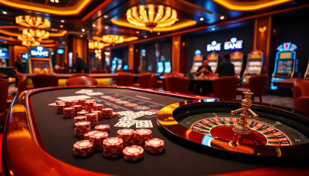 Players enjoy a thrilling experience at BK8's vibrant casino table, surrounded by poker chips and roulette.