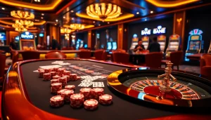 Players enjoy a thrilling experience at BK8's vibrant casino table, surrounded by poker chips and roulette.