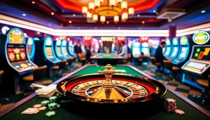 Players enjoying SHBET's secure online casino games with vibrant slot machines and poker tables.