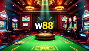 Engage with the exciting W88 link at a vibrant online casino, featuring stylish poker tables and enticing slot machines.