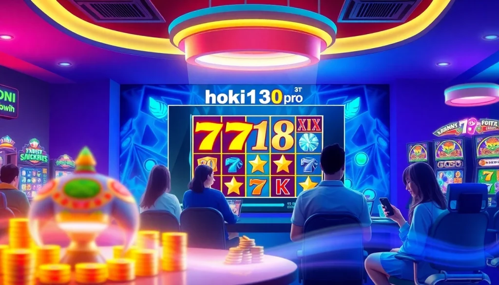 Engaging online gambling scene featuring hoki138 pro, showcasing digital slot games and cheerful players.