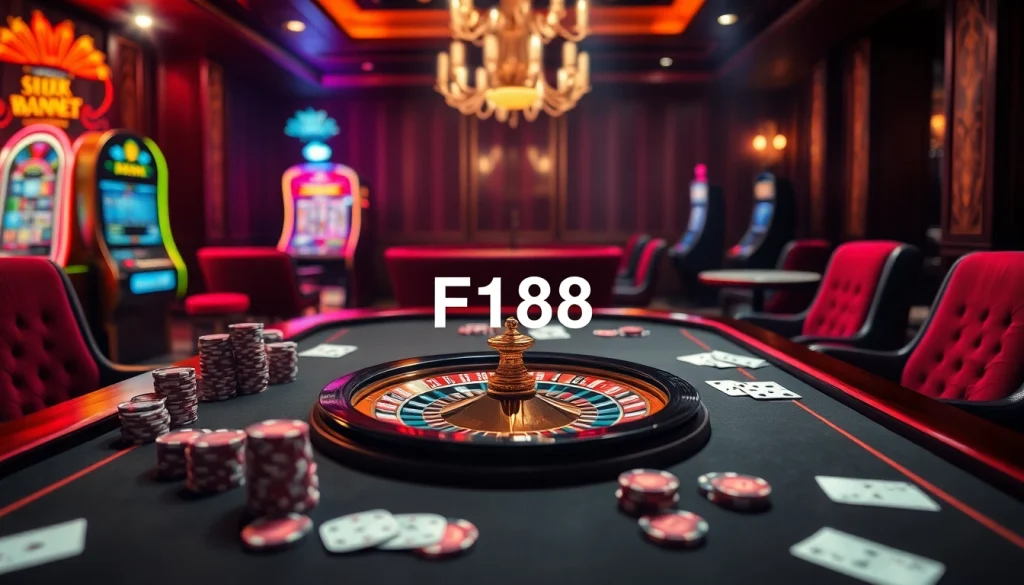 Experience the thrill of winning at F168 casino with vibrant poker tables and slot machines.