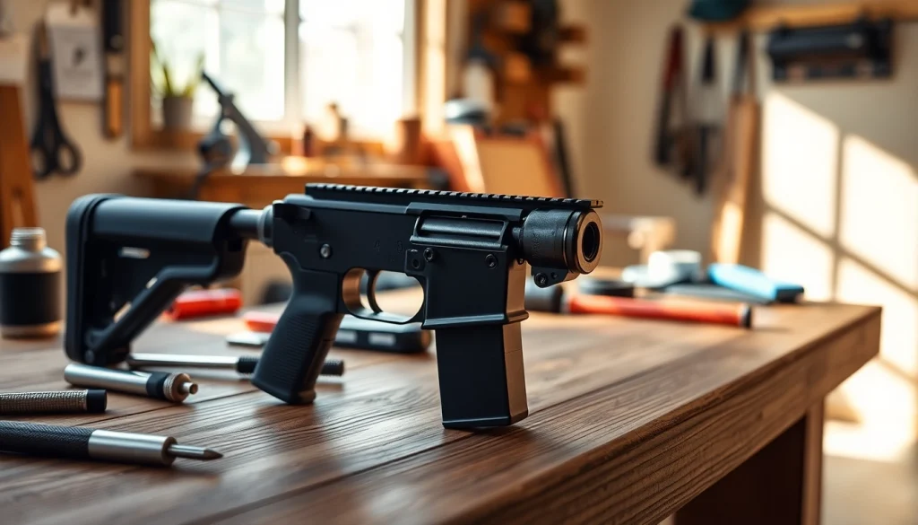 Showcase the wot trigger for AR15 with detailed craftsmanship in a DIY setting.