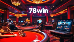 Exciting casino experience showcasing 78win with poker tables and vibrant gaming interfaces.