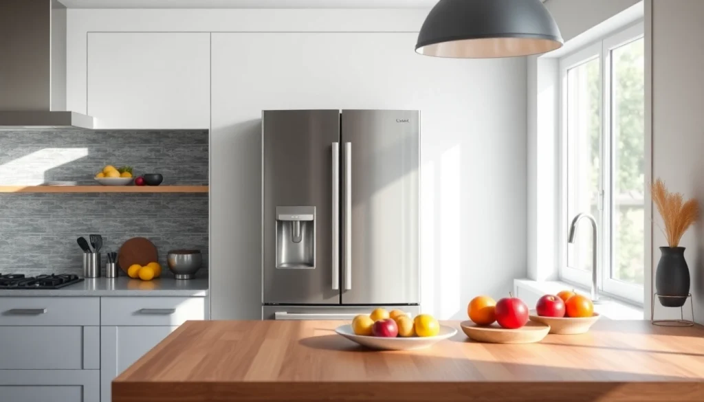 Stylish stainless steel refrigerator in a modern kitchen with natural light.