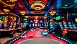 Exciting gambling scene at https://nhacaita88.contact/ showcasing poker tables and vibrant casino lights.