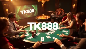 Intense poker gameplay at TK88 casino with colorful chips and cards for a thrilling experience.