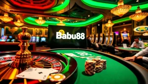 Action-packed poker game at Babu88 casino, showcasing chips and cards in a lively setting.