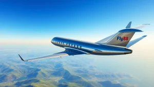 Fly 88 private jet soaring in the blue sky over picturesque landscapes.