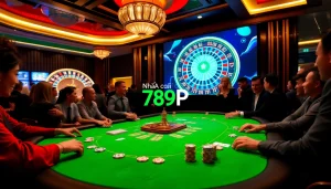 Dynamic poker game at Nhà cái 789P casino featuring players and colorful chips.