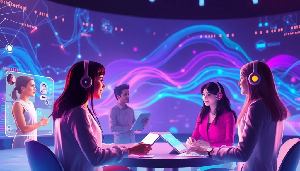 AI sex chat characters interacting in a futuristic digital space.