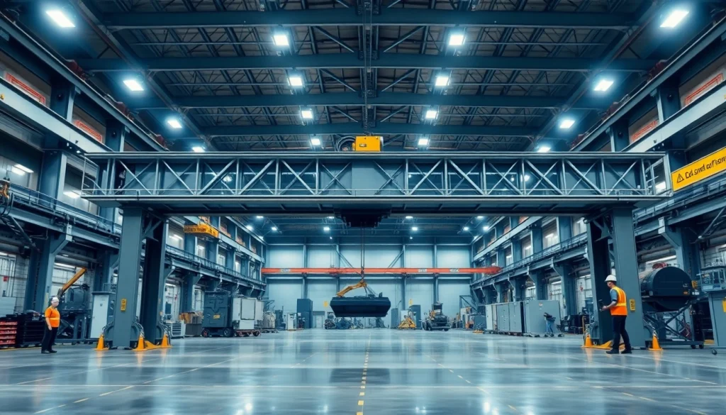 Double girder bridge crane efficiently lifting heavy loads in a modern industrial setting.