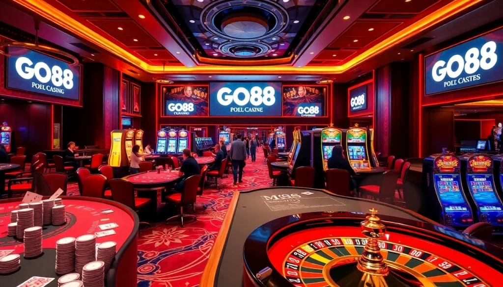 GO88 casino scene with players at poker tables and vivid slot machines.
