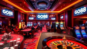 GO88 casino scene with players at poker tables and vivid slot machines.