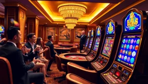 Win big with the mahjong slot demo in a luxurious casino setting, featuring vibrant games and players.