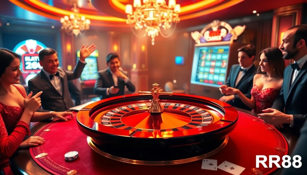 Players enjoying a thrilling game at RR88's luxurious casino table with vibrant colors.
