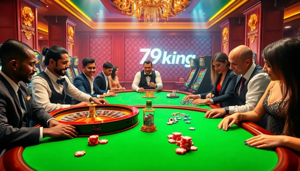 Experience the thrill of 79king with dynamic casino scenes featuring roulette and players enjoying games.