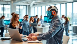 Showcasing the AI Employee collaborating in a high-tech office environment, emphasizing teamwork and innovation.