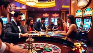 Suasana kasino yang mendebarkan menampilkan situs deposit 5k di meja roulette yang penuh warna.