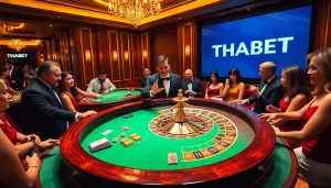 Experience the thrill of gambling at THABET's luxurious casino with roulette and vibrant players.