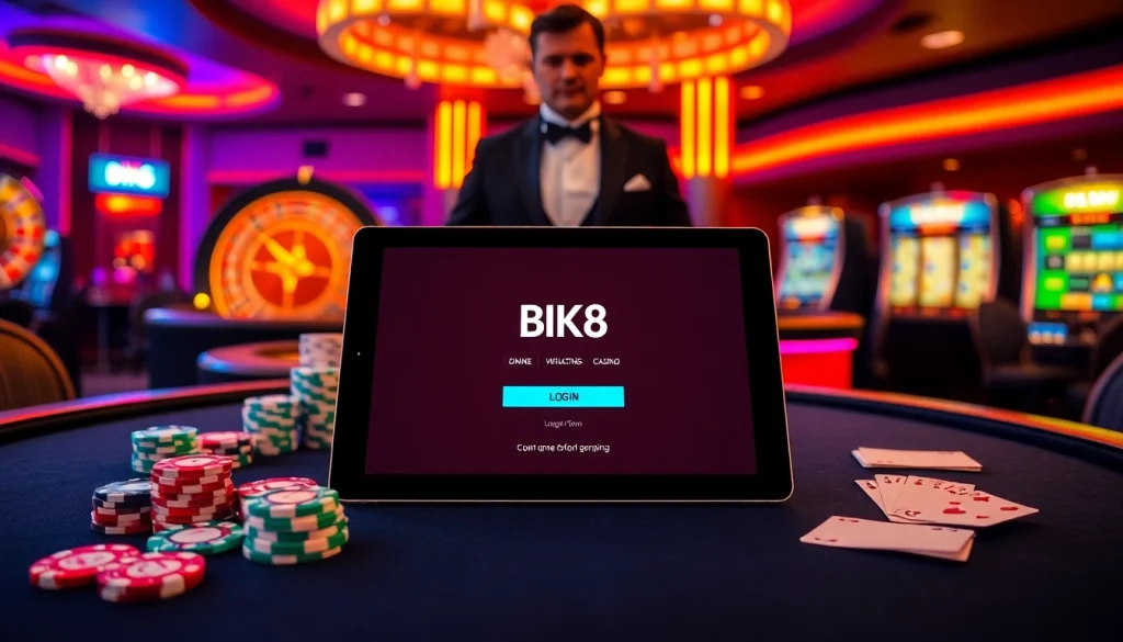 Engage with the BK8 login interface amidst a vibrant casino atmosphere filled with poker chips and roulette.