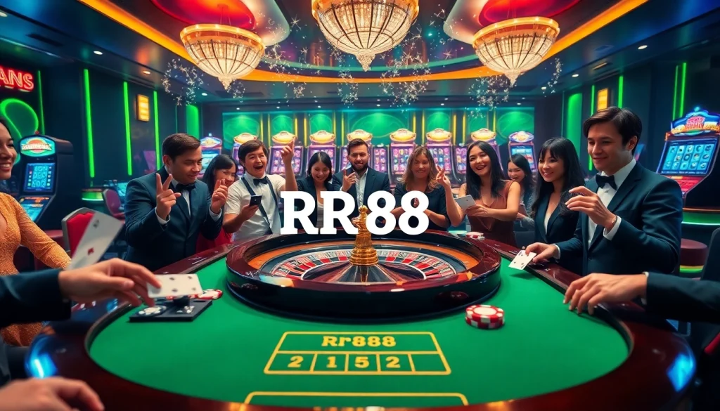 Players engaging in a thrilling roulette game at RR88, surrounded by casino excitement and luxury.