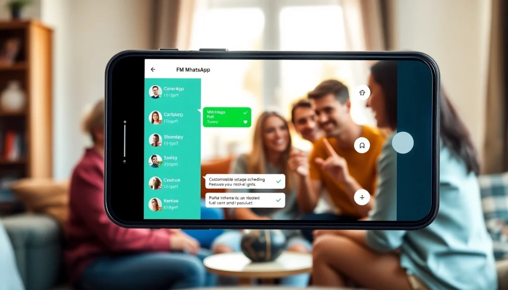 Engaging friends using FM WhatsApp on smartphone with vibrant interface.