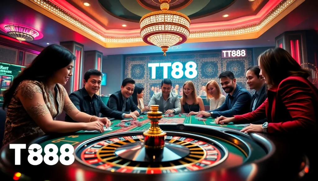 Engaged players at a TT88-themed poker table in a vibrant casino.