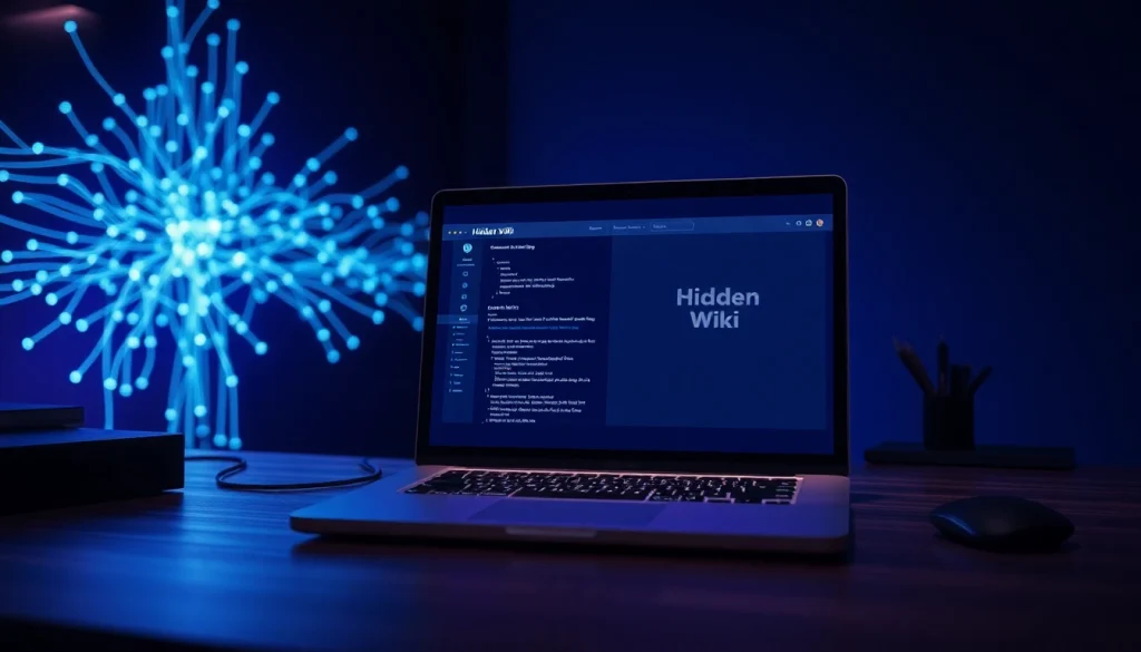 Explore the hidden wiki 2026 in a modern tech workspace with a sleek laptop and digital connections.