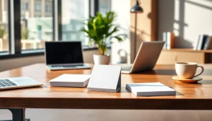 Individualiai spausdinti bloknotai (bloknotai su spauda) ant šiuolaikiško biuro stalo, demonstruojantys ryškų prekės ženklo įvaizdį.