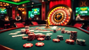 Place your bets at https://lode88uk.com/ with a stunning casino scene showcasing poker chips and a roulette wheel.