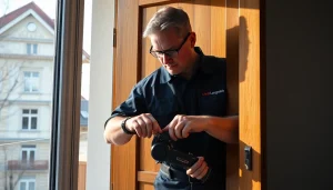 Professioneller Schlüsseldienst öffnet eine Tür in Wiesbaden und demonstriert zuverlässige Schlüsseldienstleistungen.