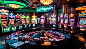 Experience thrilling gameplay at Luckywin with vivid casino tables and colorful slot machines.