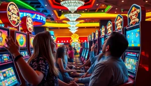 Permainan slot depo 1k yang meriah menunjukkan pemain merayakan kemenangan di kasino.