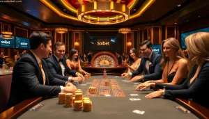Experience high-stakes gaming excitement at https://soibet.vision/ featuring vibrant casino tables and colorful poker chips.