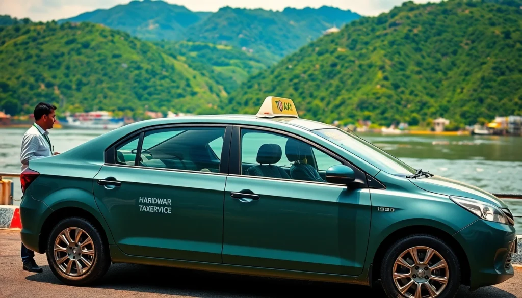 Haridwar Taxi Service with a professional driver next to a gleaming taxi by the Ganges River.
