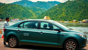 Haridwar Taxi Service with a professional driver next to a gleaming taxi by the Ganges River.